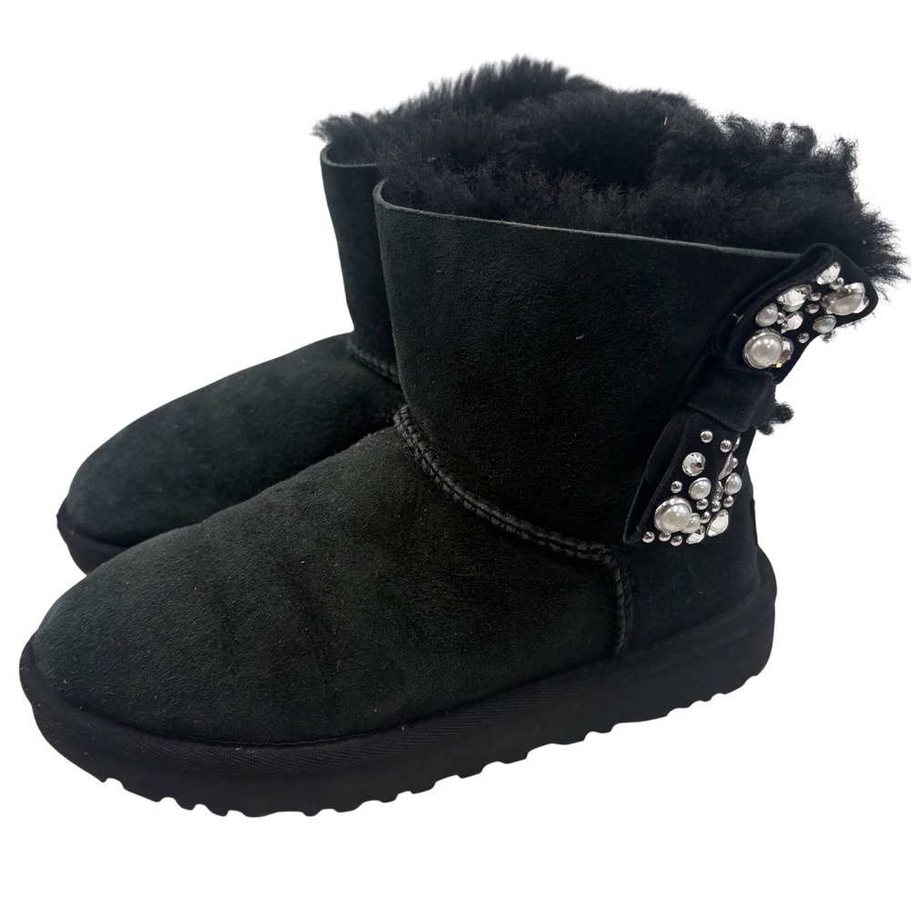 UGG Bow Boot Girls 5 Black Crystal Pearl Embellished Suede 1019725 Winter Warm